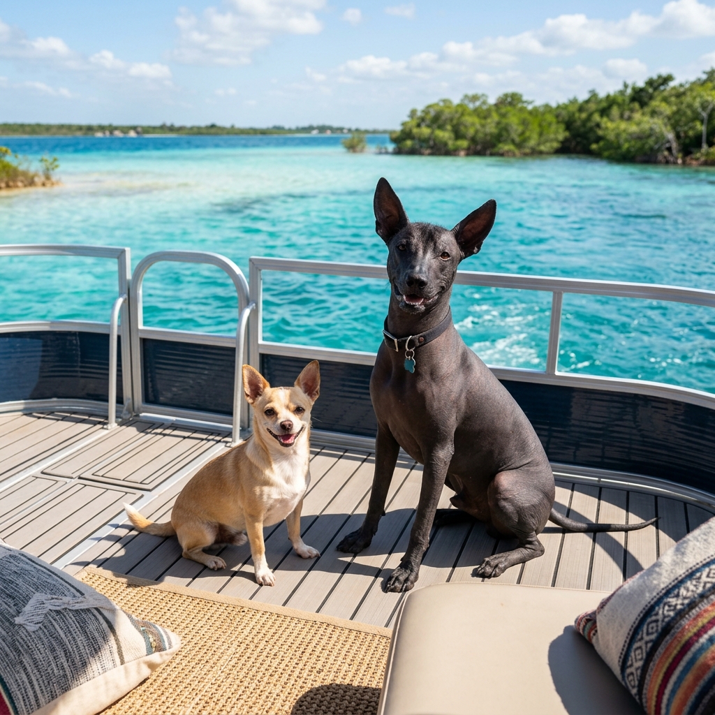 Chihuahua y Xoloitzcuintle en pontón Bacalar